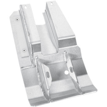 The Honda TRX Swingarm Skid Plate by DG Performance is a silver metal bracket with angled surfaces, welded seams, and multiple mounting holes. It features a raised center and recessed sections for added structural support and secure attachment—ideal for protection.