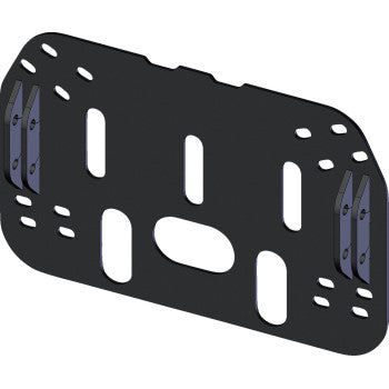 Black metal plow mount plate with multiple mounting slots and holes designed for offroad vehicle attachment.