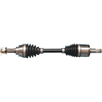 Heavy-duty black metal CV axle with rubber bellows and splined ends for Kawasaki Prairie ATV.