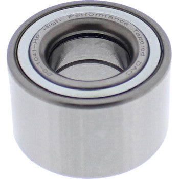 A close-up of the Kawasaki Wheel Bearing Kit Tapered Double Angular Contact Front by Moose Offroad shows its cylindrical metal build with visible rings and "High Performance Tapered" engraved, ideal for demanding offroad applications.