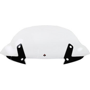 Clear 11-inch curved motorcycle windshield with black mounting brackets and smooth edges.