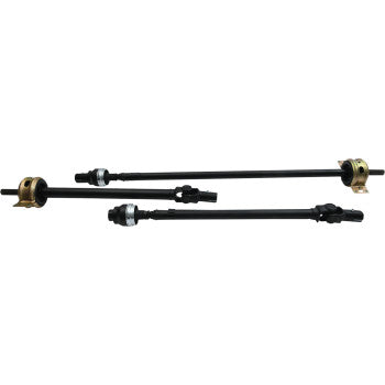 The Polaris General 4 Complete Propeller Shaft by All Balls is shown horizontally on a white background, featuring black metal shafts with greaseable U-joints, mounting brackets, metallic bearings, and coupling ends for a full driveline solution.