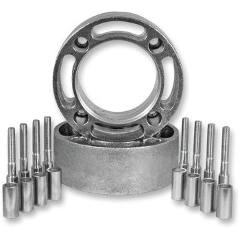 The Can-Am Wheel Spacer Easy Fit 2.5 4/137 Front & Rear Kit by Dura Blue includes two metal spacers with holes and eight symmetrically arranged cylindrical bolts, all displayed on a white background.