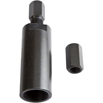 The Flywheel Puller M28 x 1.0 Right Hand Thread - Female by Dennis Stubblefield Sales, made in the USA, features a cylindrical metal body with a threaded interior and hexagonal end, shown beside a matching dark-finished adapter.