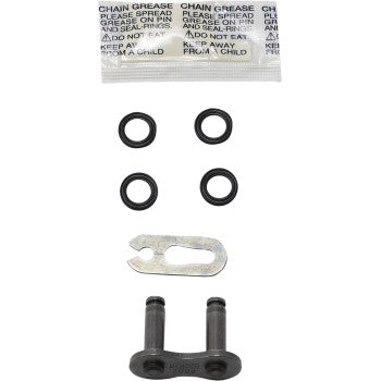 Black metal connecting link with two pins, four black rubber O-rings, and a small packet of chain grease.
