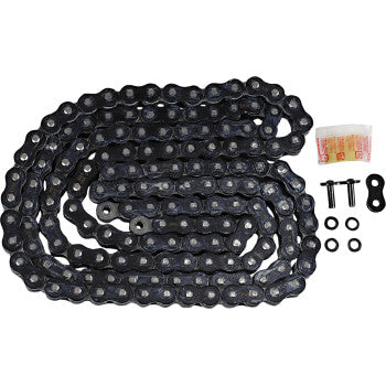 The 520 Max Z Drive Chain 150 Links Black & Chrome by RK is shown with two metal bolts, four O-rings, a connecting link, and grease—perfect for high-horsepower street bikes needing exceptional tensile strength.