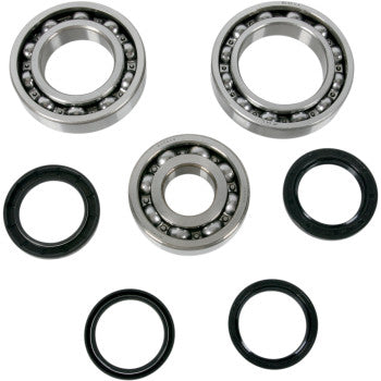 Five open circular bearings and four black rubber seals from the Kawasaki Differential Bearing Seal Kit Rear by Moose Offroad are arranged on a white background, revealing the inner balls and solid rings included in this offroad differential service kit.