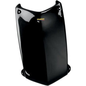Glossy black PU hood with a smooth, curved design and small yellow Maier logo centered near the top.