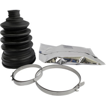 The Arctic Cat - Textron CV Boot Kit Front & Rear Inboard Outboard by Epi includes a black rubber CV boot, two metal clamps, and a silver packet of grease, displayed on a white background for versatile axle repairs.