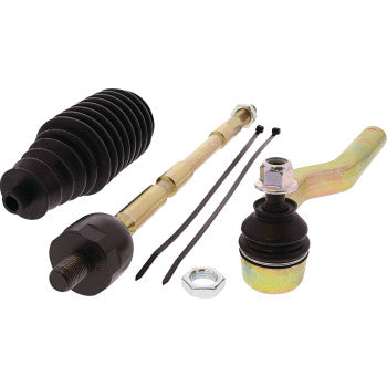 The Tie Rod End Kit Right Hand by Moose Offroad includes OEM replacement tie-rod ends, a rubber boot, metal rod, two zip ties, and two hex nuts, shown on a white background.