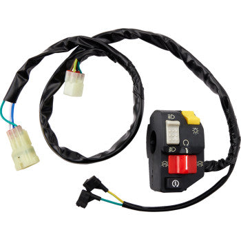 Black plastic switch block assembly with red and yellow buttons and attached wiring harness with white connectors.