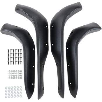 The Suzuki Fender Flares Textured Black by Maier are four curved, high-density polypropylene flares with pre-drilled holes, fanned out alongside mounting screws, washers, and nuts on a white background.