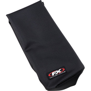 The Yamaha YFZ Grip Seat Cover by Factory Effex is black with a textured finish, flap closure, and a small red, white, and black FX logo on one corner. It features durable triple-stitched construction.