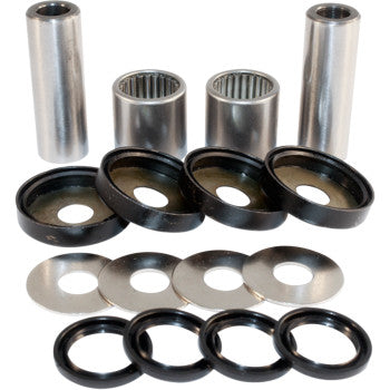 The A-Arm Repair Kit Front Lower by Epi includes metal cylindrical needle bearings, bushings, black rubber seals, metal washers, and dust caps—perfect for A-Arm Pivot Assembly applications.