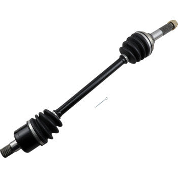 Black metal CV axle shaft with rubber protective boots on both ends and threaded metal tips.