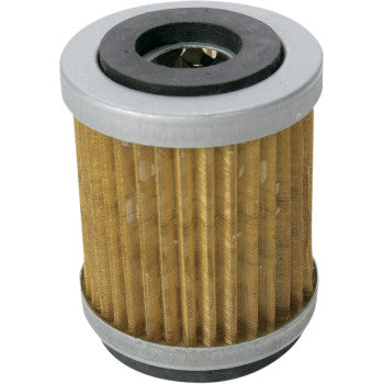 The Yamaha Oil Filter by Emgo is a cylindrical, pleated paper filter with metal end caps and a rubber gasket. Clean and unused, it protects engines by removing particles from fluids in machinery.