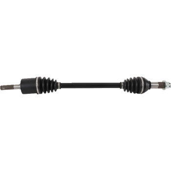 Black metal front left axle shaft with rubber accordion boots on both ends and metal connectors for Can Am Defender.