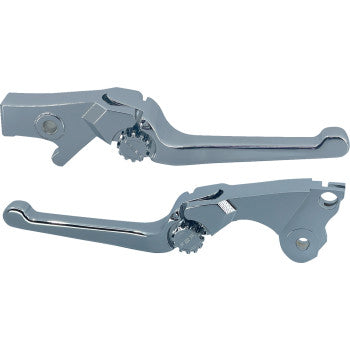 The Anthem Adjustable Lever Set - Chrome by PSR features two CNC-machined aluminum motorcycle levers with a polished chrome finish, gear-like adjustment, and mounting holes for precision and style.