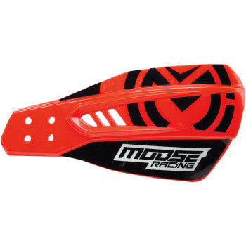 The Qualifier Hand Guards Red by Moose Offroad are red and black plastic handguards with bold geometric patterns, featuring the MOOSE RACING logo in white on black and durable injection-molded composite shields for protection.