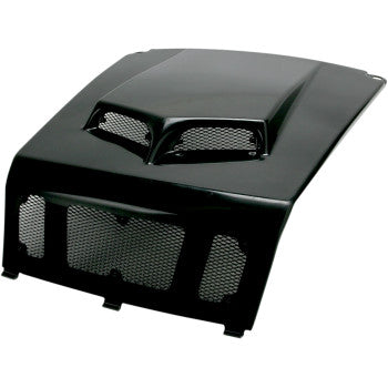 The Hood Black Scooped by Maier features a mesh grille and dual air vents, made from high-density polyethylene for durability, offering enhanced ventilation and engine cooling.