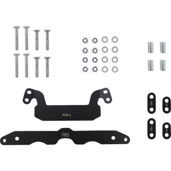 The Yamaha Kodiak Lift Kit by Demon includes metal brackets labeled RB1 and FB1, plus screws, washers, nuts, and spacers—organized on a white background—essential for raising your ATV’s ground clearance.