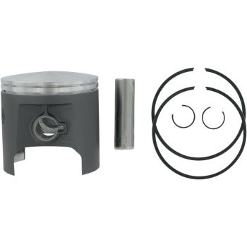 The Polaris Piston Kit 84.00 mm by Wsm is displayed, including a metal MoS2-coated piston, piston pin, two piston rings, and two circlips—all arranged on a white background.
