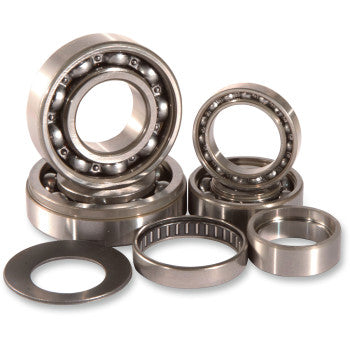 A set of metal ball bearings and washers from the Transmission Bearing Kit by Hot Rods, arranged on a white background to showcase the different sizes and types used for engine case installation.