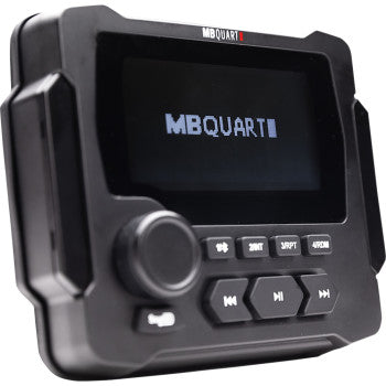 The black Radio Gauge Mount 160 by MB Quart features an AM/FM/Bluetooth digital screen with the MB Quart logo, several buttons beneath the display, and a large knob on the left side.