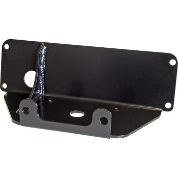 The Polaris Warn Winch Sportsman Winch Mount by Kfi Products is a black, heavy-duty steel bracket with multiple screw holes and reinforced welding, ideal for mounting winches or fairleads on Polaris vehicles.