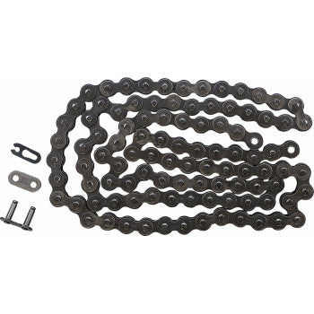 A 420 Standard Drive Chain 100 Links by Did is laid flat, with its master link and two connecting pins placed beside it on a white background.