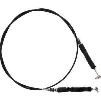 Black flexible shift cable with metal connectors and ribbed rubber boots on both ends.