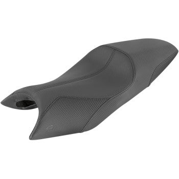 Black contoured motorcycle seat with textured side panels and smooth top surface.