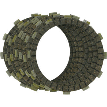 The Clutch Kit by Ebc features textured, dark friction plates with notched edges, stacked in a staggered arrangement—essential clutch material for street, sport, or touring motorcycles.