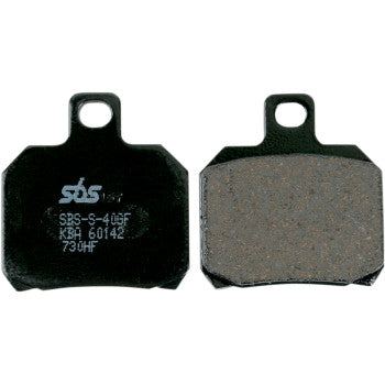 Pair of black SBS HF brake pads with rectangular friction surface and metal backing plate with mounting holes.