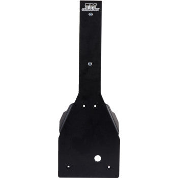 The Yamaha Raptor Skid Plate Black by T.M. Designworks is a lightweight black composite plastic mounting bracket with a long vertical section, wide base, multiple holes, and a small silver logo at the top for smoother rides.