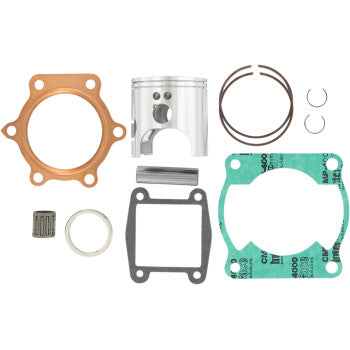 The Yamaha YFS200 Blaster Piston Kit with Gaskets 66.50 mm by Wiseco, including piston, rings, gaskets, needle bearing, circlips, and a copper cylinder head gasket, is arranged neatly on a white background.