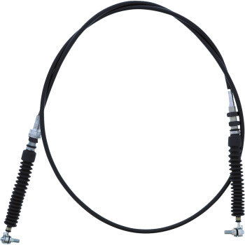 The Can Am Maverick Shift Cable Commander Max Max by All Balls is a black PVC cable with metal connectors and rubber boots, featuring a pre-lubricated nylon sleeve for smooth shifting in vehicle systems.