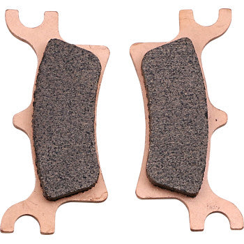 Two metallic Brake Pads by Galfer with dark surfaces and uniquely shaped backing plates are placed side by side on a white background.