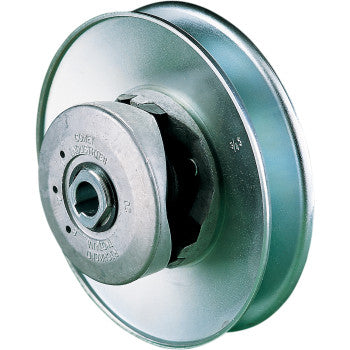 The Driven Clutch by Comet is a metallic variable speed pulley with a central hub and two grooved discs, ideal for adjusting rotational speed in Symmetric-type systems like mini-bikes.