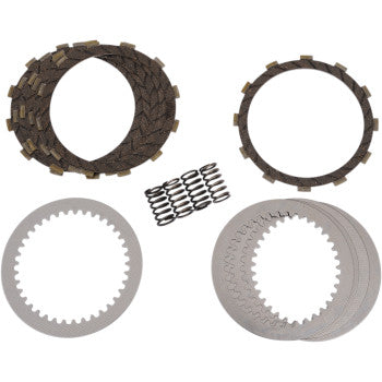 The Clutch Kit by Ebc is shown neatly arranged on a white background, featuring heavy duty friction plates, steel plates, and clutch springs.