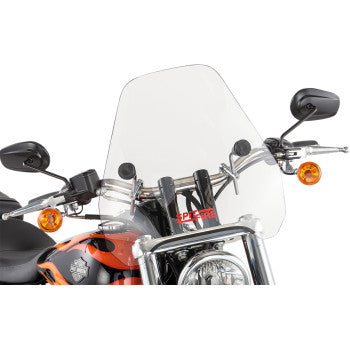 Front view of a motorcycle with a 15 S-06 Windshield - Clear by Slipstreamer, black handlebars, mirrors, orange turn signals, and a black/orange color scheme. The Harley-Davidson logo is visible on the side.