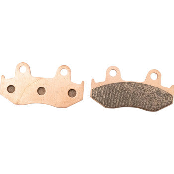 Two Sintered Brake Pads by All Balls are shown side by side: the left pad has three circular indentations, while the right displays a textured surface for excellent stopping power and long lifespan.