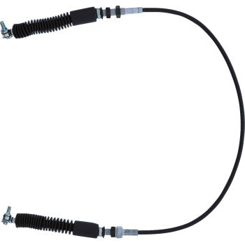 The Polaris RZR Shift Cable by All Balls features a flexible black PVC outer jacket, metal threaded ends, and EPDM molded rubber components on both sides, ideal for use as a control cable in vehicles or machinery.