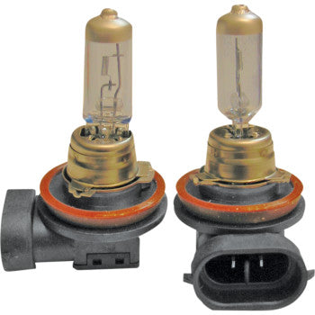 A pair of Brite-Lites Bulb H11 Blue 80/120 headlights with black bases and orange seals are shown upright on a white background, perfect for anyone needing reliable xenon headlights.