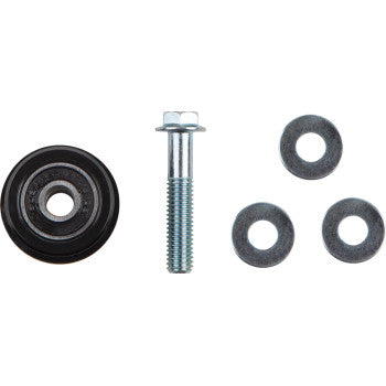 The Honda TRX R Chain Roller Black by T.M. Designworks, a silver hex bolt, and three metal washers are arranged on a white background.