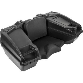 The NOMAD Rear Trunk Heated Grips by Kimpex is a black 115L ATV storage trunk with integrated seat cushion, armrests, heated grips, and two watertight side compartments with lids for easy installation and secure storage.