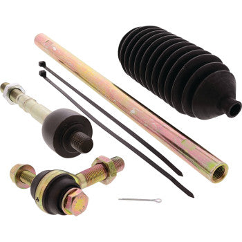 The Tie Rod End Kit Left Hand by Moose Offroad features heavy-duty steering parts—tie-rod ends, rubber boot, metal sleeve, zip ties, cotter pin, and threaded bolt—arranged on a white background as direct replacement components.