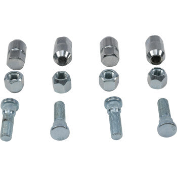 Four sets of metal wheel nuts and bolts are arranged in rows on a white background, showcasing the variety included in the Polaris RZR Wheel Stud & Nut Kit Front & Rear by Moose Offroad.