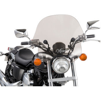 A close-up of a black motorcycle shows a large Viper Windshield - Smoke by Slipstreamer with quick-release mount, round headlight, side mirrors, and orange turn signals.
