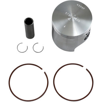 The Yamaha YFS200 Blaster Piston Kit 67.25 mm by Wiseco includes a forged high-silicon aluminum piston, two rings, wrist pin, and circlips, displayed on a white background.